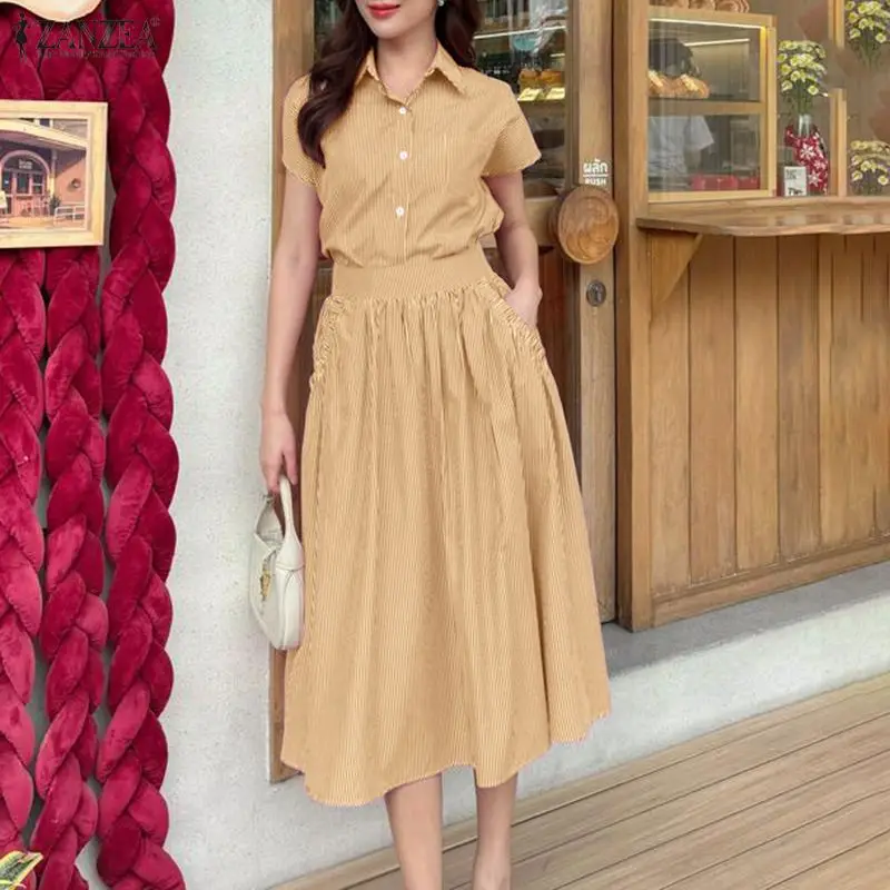 

ZANZEA Women Summer 2 Pieces Sets Stirped Office Outfit 2026 Elegant Lapel Neck Short Sleeve Shirt Elastic Waist Midi Dress Sets