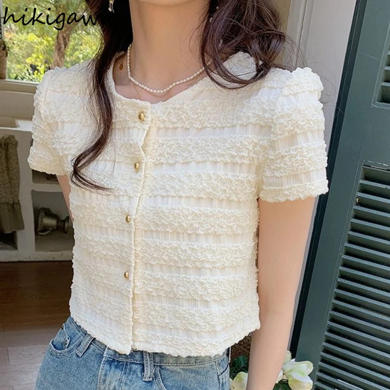 Vintage Women Shirts O-neck Puff Sleeve Tunic Blouses 2023 Blusas Mujer De Moda Temperament Tops Fashion Korean Folds Blouse