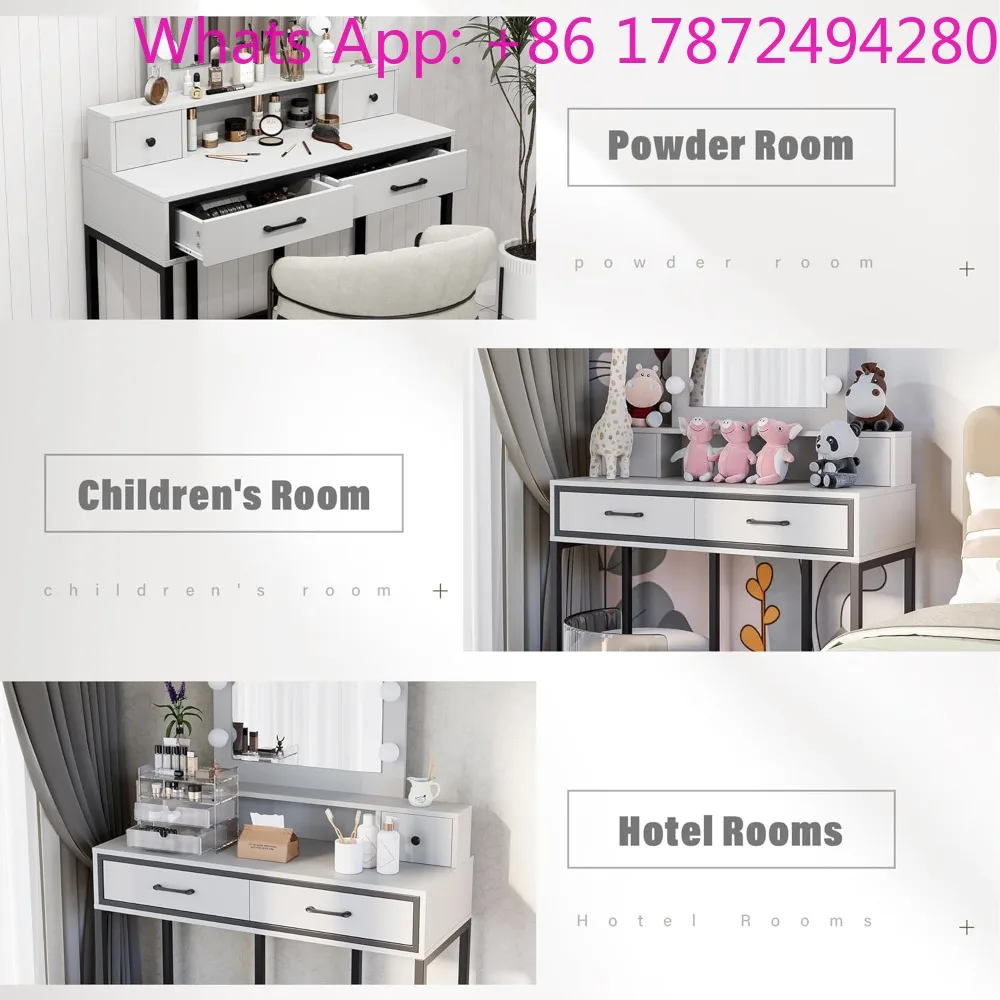 Makeup Vanity Table with 3 Color Dimmable Lighted Hollywood Mirror, Vanity Desk with 4 Drawers
