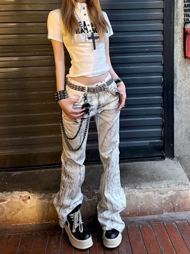 Retro American High Street Embroidered Patched Faded Jeans Slim Micro Flared Punk Dirty Look for Men And Women