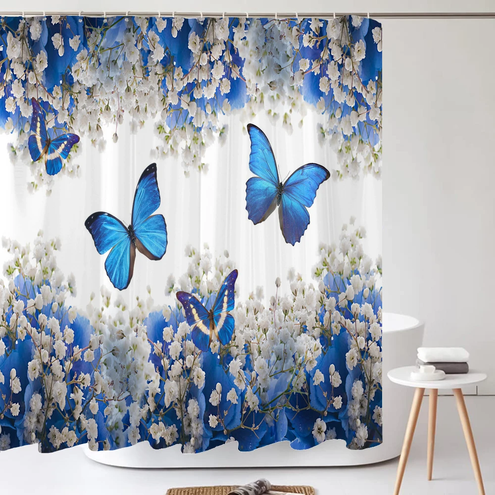 Waterproof Bathroom Shower Curtain Beautiful Blue Flower Butterfly Bath Curtain Sets Toilet Cover Non-Slip Mat Rug Carpet Decor