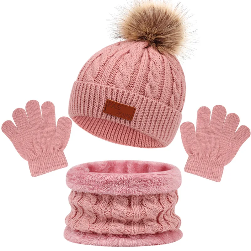 Autumn And Winter New Solid Colour Knitting Children\'s Hat Scarf Gloves Set Plush Ball Baby Cap Soft Skin-friendly Warm Fashion