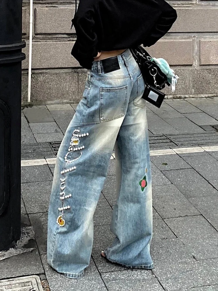 

Retro Blue Embroidered Denim Pants Floral 3D Design Casual High Waist Wide Leg Jeans for Trendy Women Spring Fashion