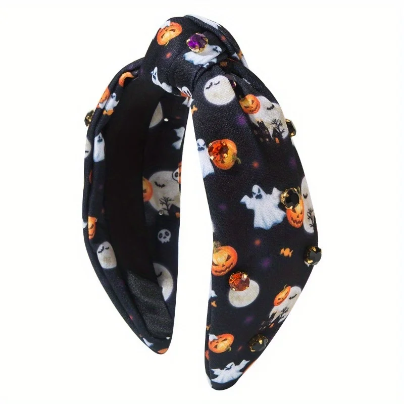 Halloween Element bedrukte stoffen haaraccessoire voor dames, pompoen spookhoed bedrukte modieuze hoofdband voor dames