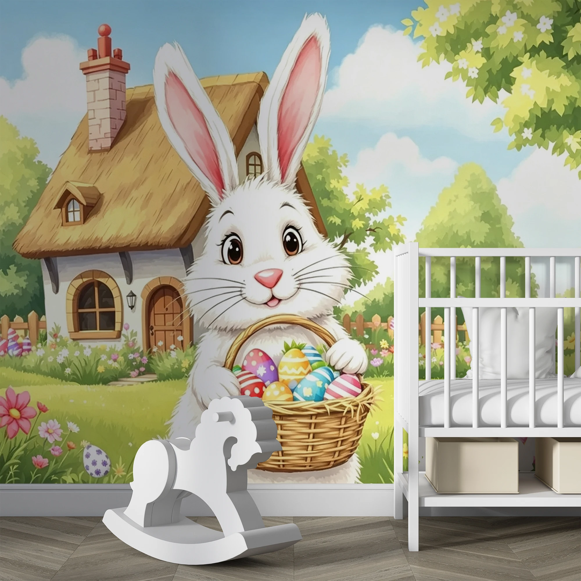 Milofi 3D Cartoon Cute Easter Bunny Egg Wall paper Removable Cartoon Rabbit Decal Kids Bedroom Nursery Home Decor