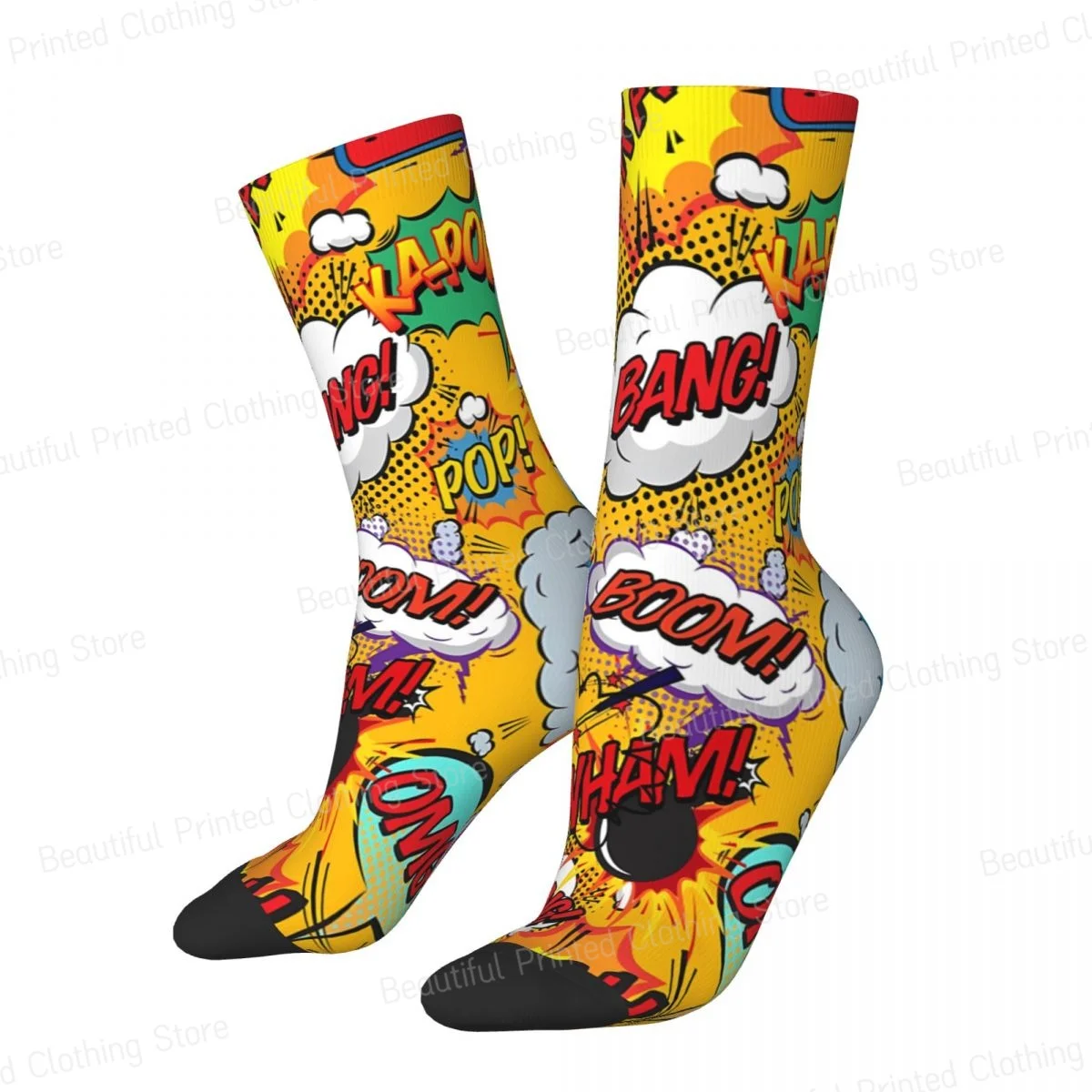 

Pop Art Graffiti Shout Outs Typographic Cartoon Design Men Women Round neck Socks Outdoor Novelty Four Seasons Stockings Gift