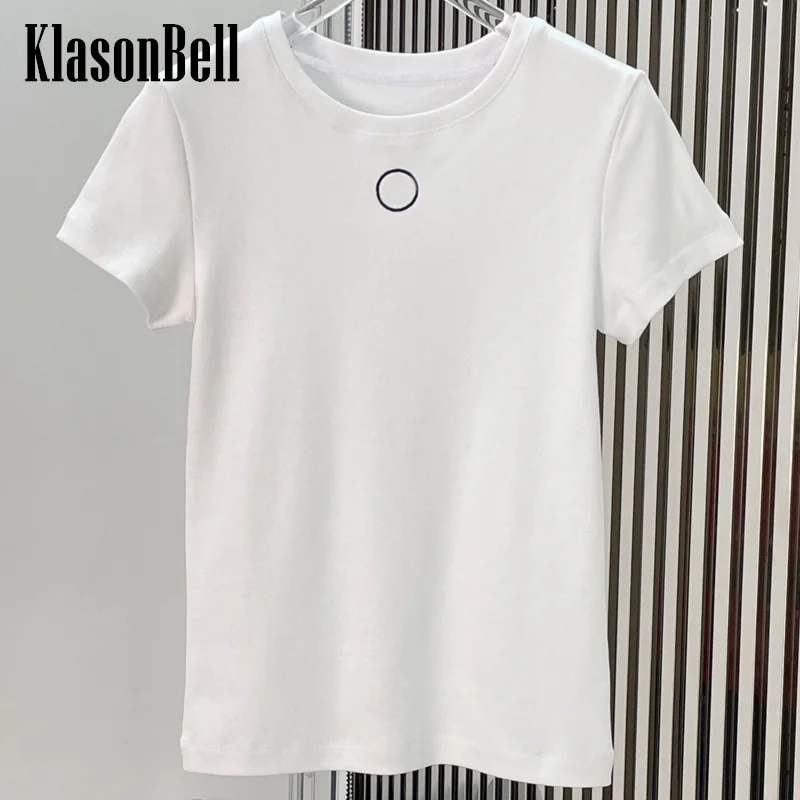 

7.5 KlasonBell Women's 2024 New Moon Embroidery Short Sleeve Tee Back Letter Print O-Neck Cotton Fit T-Shirt