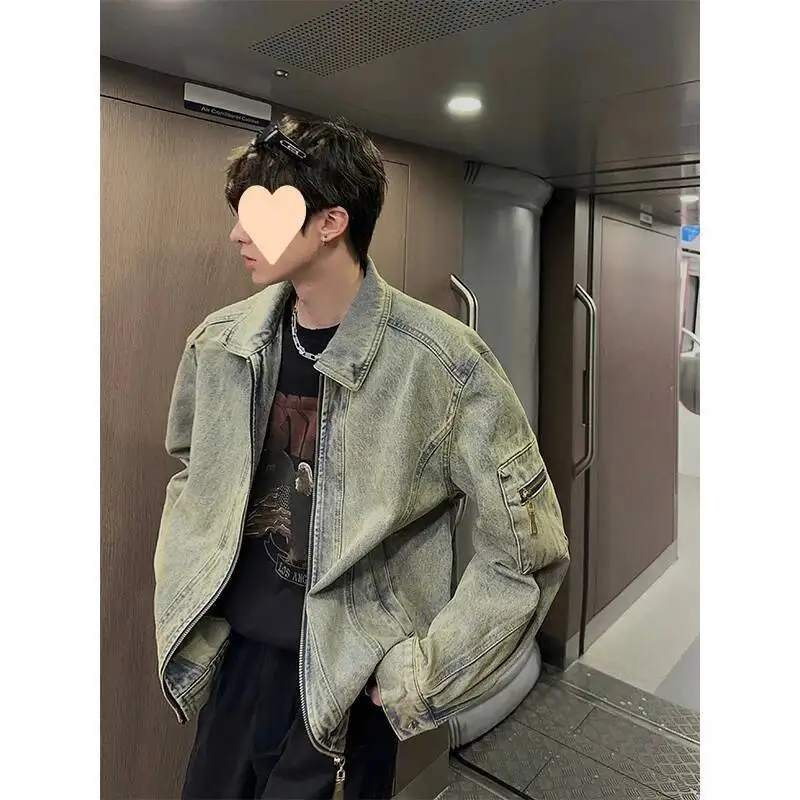 

Men's Denim Jacket 2025 Autumn Cardigan New Vintage Washed Denim Jacket High Street Style Couple Fit Collared Trendy Outerwear
