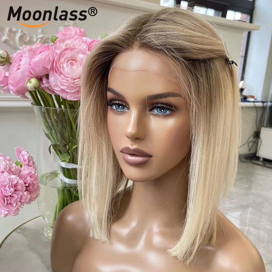 Krótkie Ash Blonde Peruki Ludzkie Włosy Ombre Highlight Peruka 180% Gęstość Bone Straight Peruka 13x4 Lace Front Ludzkie Włosy Peruki Dla Kobiet