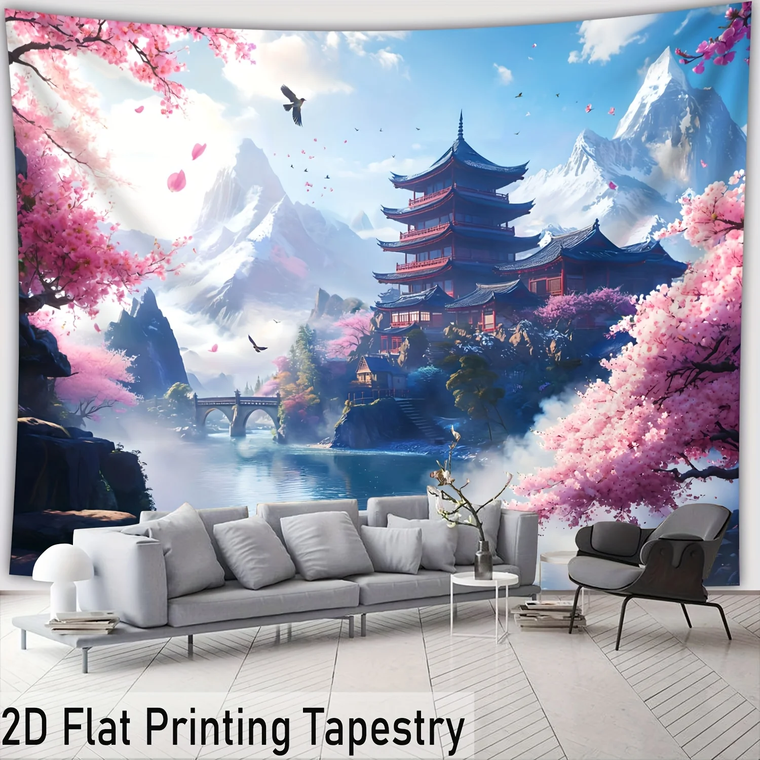 Sakura Pagoda Landscape Tapestry Snow Peak Lake Flying Birds Mist Ancient Bridge Wall Hanging,Dreamy Oriental View Tapestry Dorm