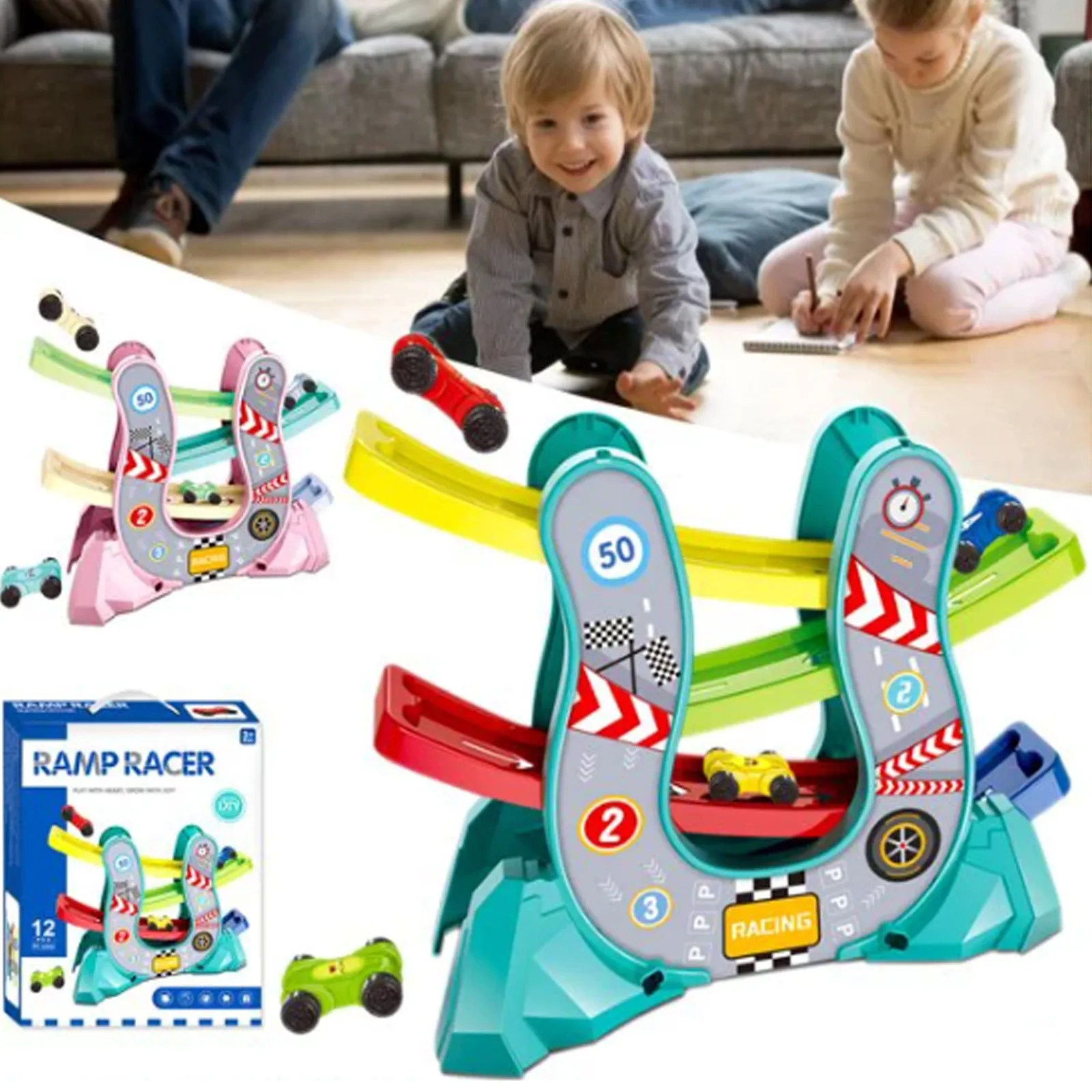 Gliding Cars Ramp Racer Cars Race Track Car 4 Levels Zig Zag Ramp Car Racing Toy Vehicles for Toddler Education Learning Gift