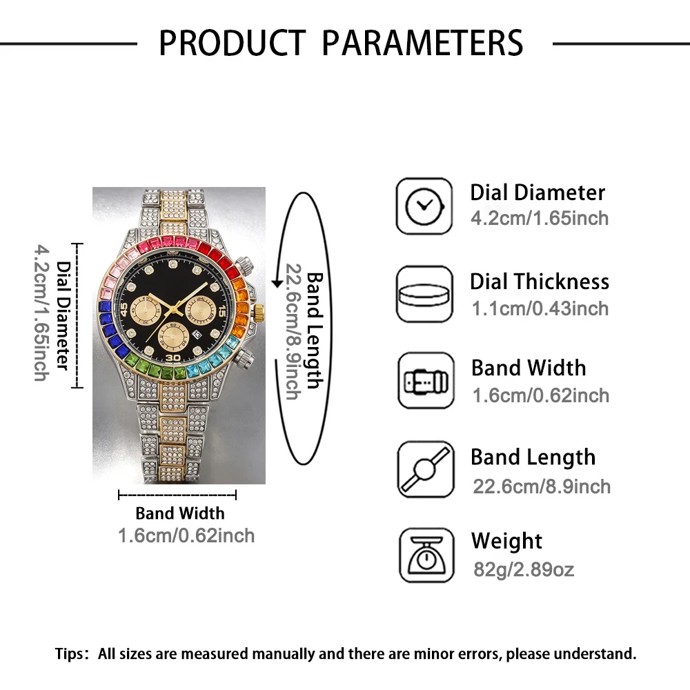 Fashionable Rhinestone Men's Watch, Stainless Steel Strap, Three Eye Calendar Quartz Watch, Hip-hop Style Multifunctional Watch