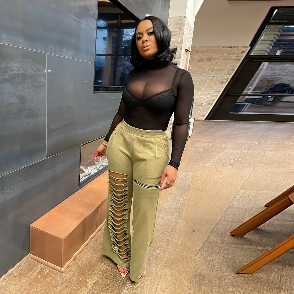 여성용 루즈 캐주얼 팬츠 신상품 홀로우 아웃 지퍼 루즈 핏 편안한 라이오셀 섬유 롱 팬츠 패셔너블