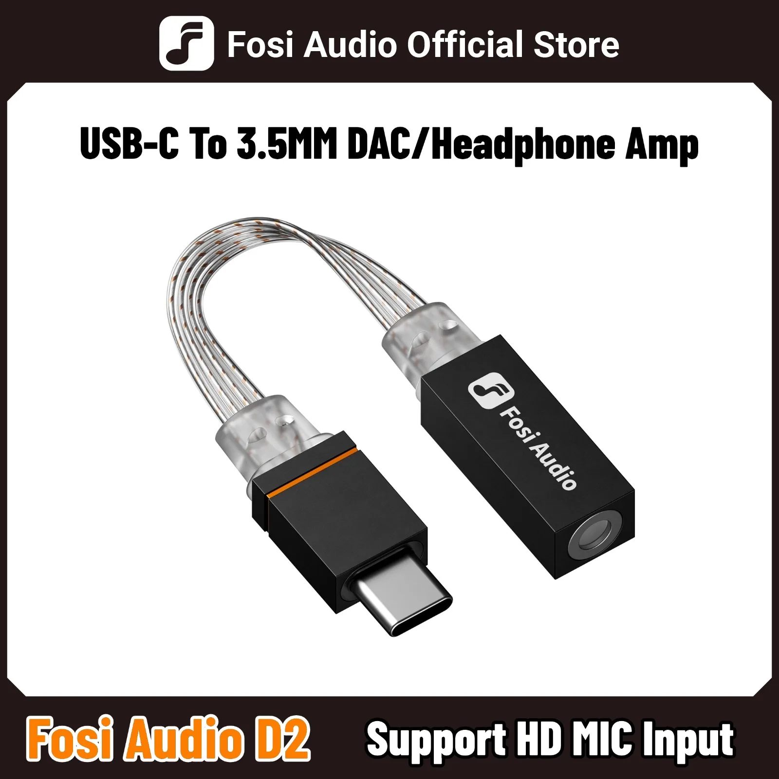 Fosi Audio D2 USB DAC Headphone Amplifier Aluminum USB-C to 3.5mm Adapter Support MIC Input CX31993 Chip