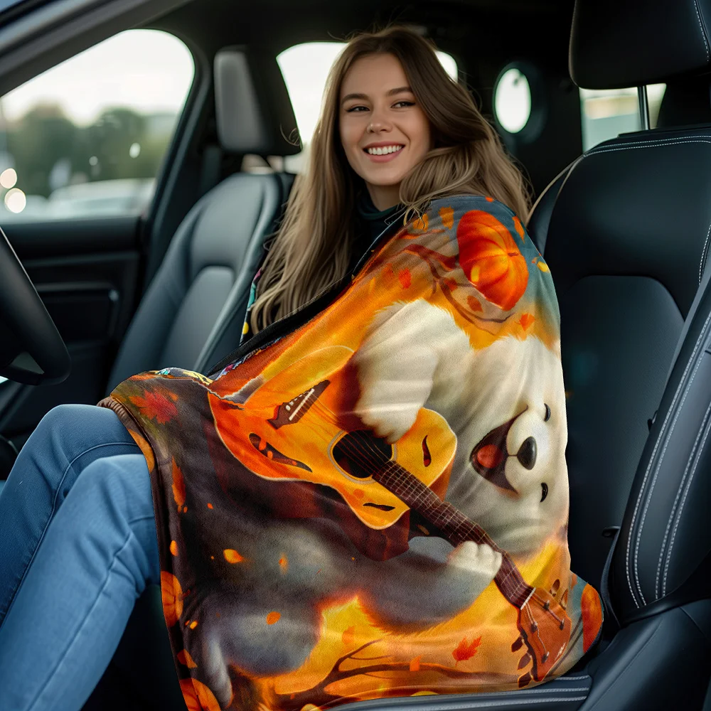 Autumn Polar Bear Playing Guitar Fleece Blanket Fall Pumpkin Leaves Design Soft Cozy Throw Blanket for Home Decor Gift