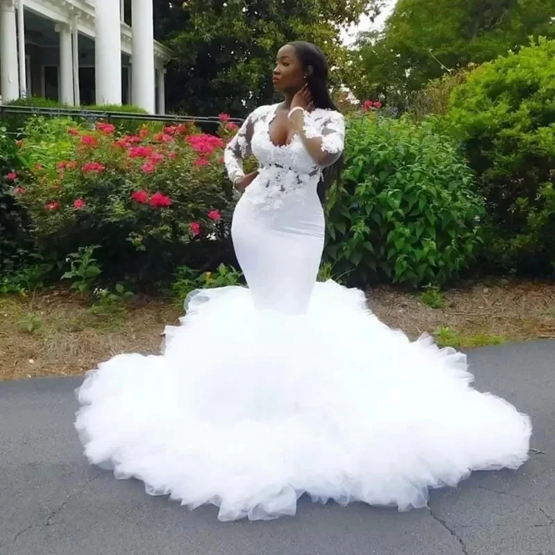 Customized African Mermaid Wedding Dresses V Neck Illusion Lace Appliques Crystal Beaded Long Sleeves Tiered Open Back Formal Br
