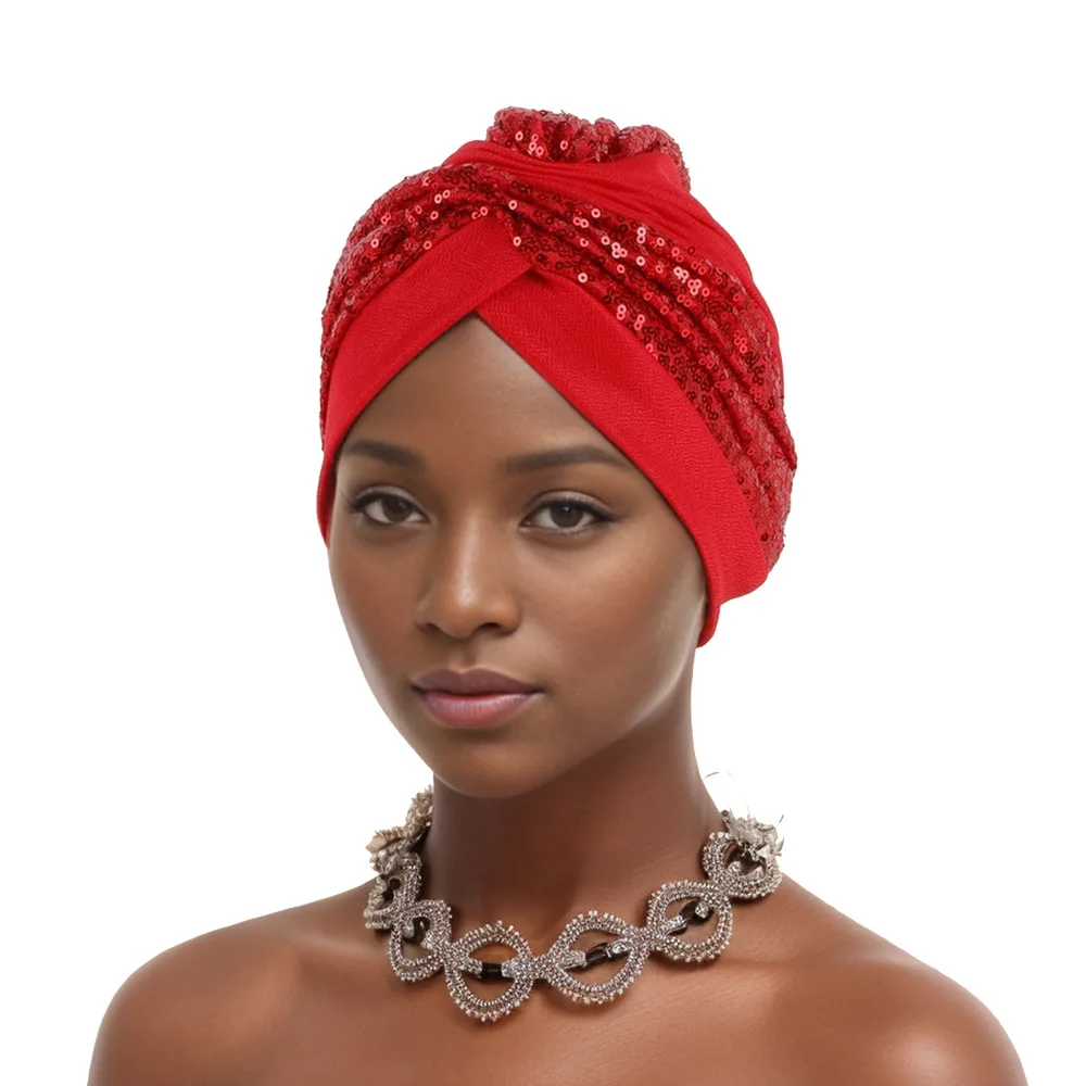 Glitter Sequins Ruffle Turban Cap Elegant Women Headscarf Bonnet Female Head Wraps Nigeria Wedding Party Headgear Headpiece