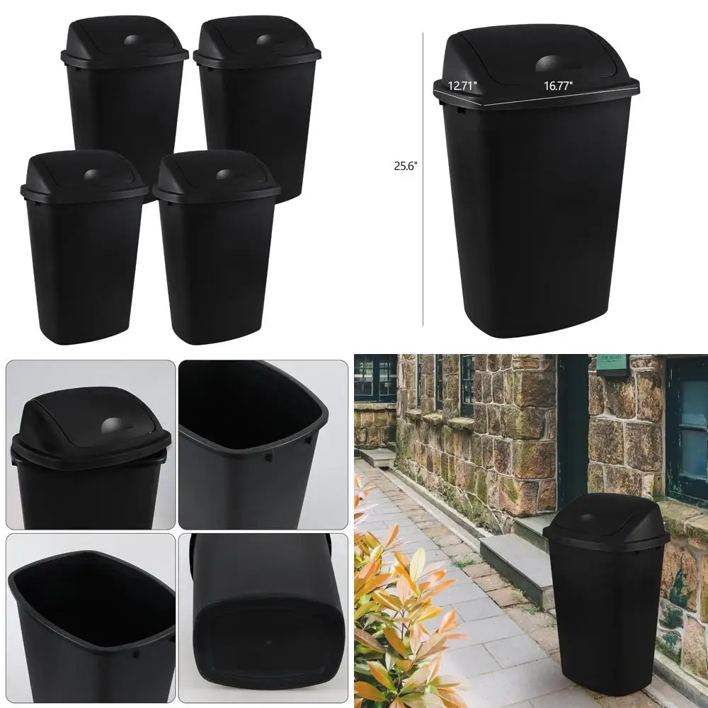 

Set of 4 Black 13 Gallon / 50 Liter Swing Top Tall Kitchen Trash Cans for Restaurants, Garages, Classrooms, and Offices