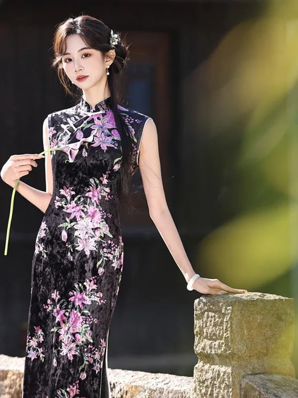

New Chinese Sle Velvet Dr Svel High Collar Slimming Young Design Vintage Print Long Qipao for Women Breathable