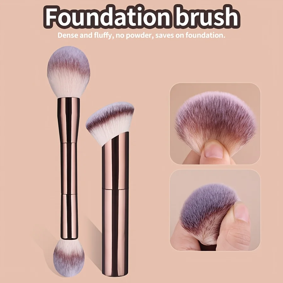 2Pcs Makeup Brushes Set with Full Aluminum Tube Handle Soft Gradient Synthetic Bristles Double-Ended & Angled Face Brush for Blu