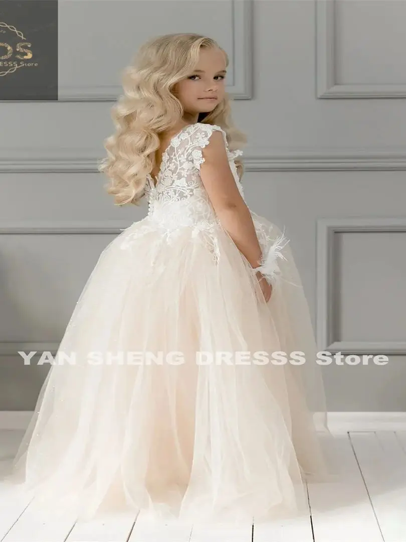 Flower Girl Dress Champagne Glitter Lace Tulle Toddler Ball Gown Floral Embroidery Tutu Wed Even for Kids Bridesmaid