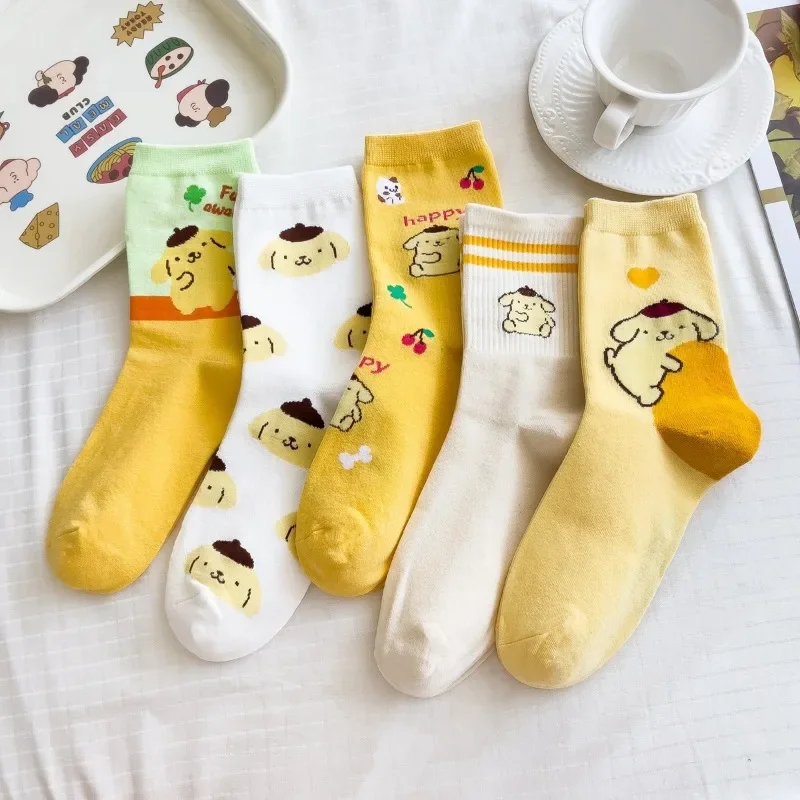 

5pairs Sanrio Pom Pom Purin Mid Length Socks Ins Cute Anime Comfortable Minimal Design Leisure Sports Socks Girls Gifts Lovely