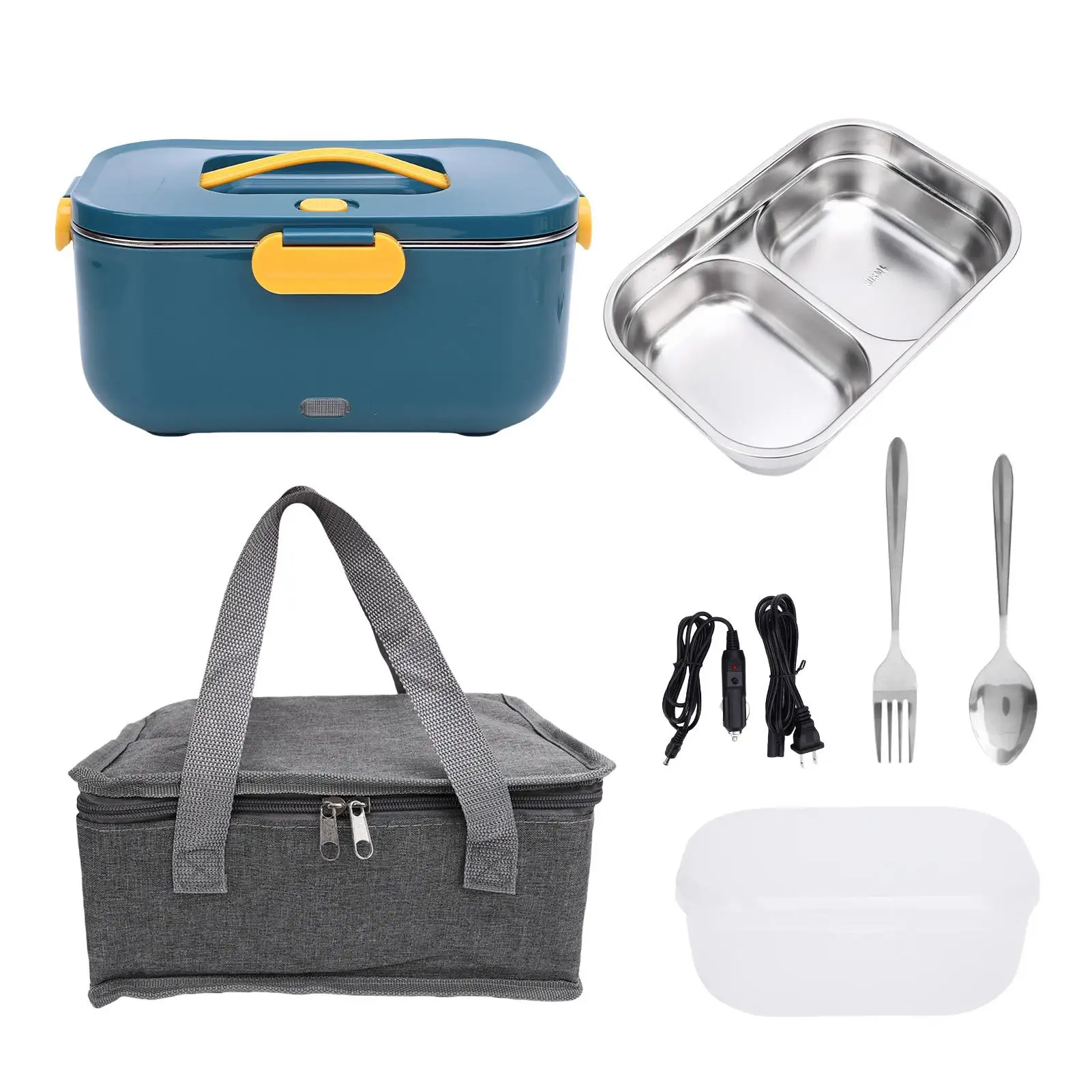 Aquecedor elétrico de alimentos para lancheira - 2 compartimentos, 80 W portátil, 12 V/24 V/110 V para trabalho/carro/caminhão, recipiente 304 SS removível de 1,5 L