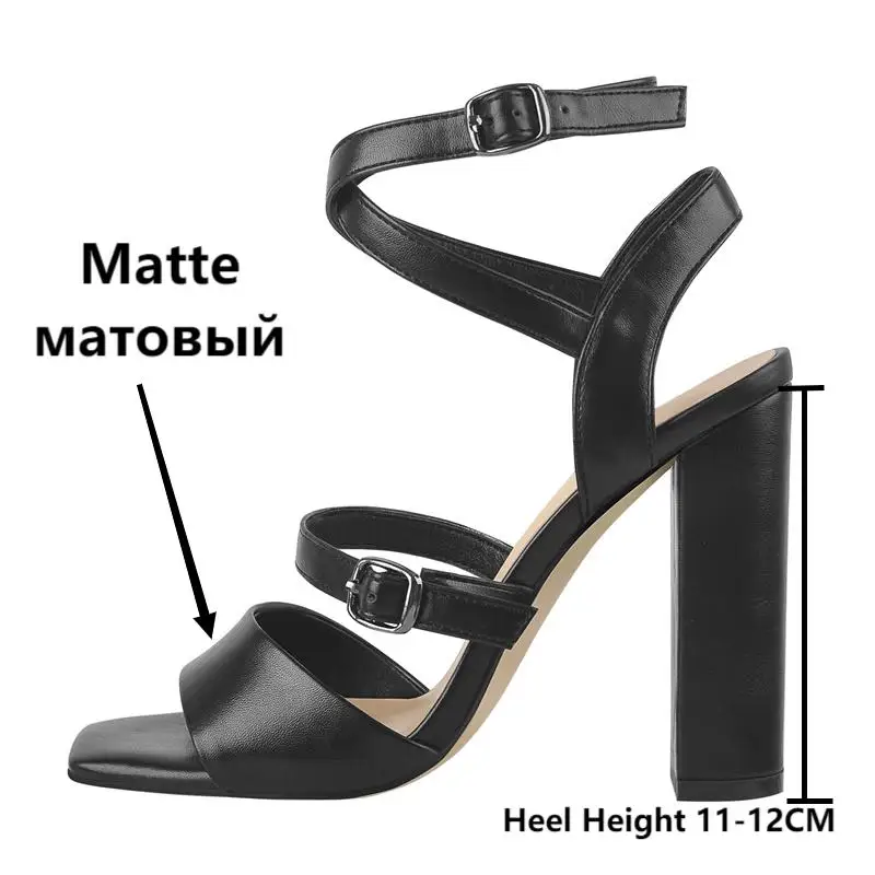 Onlymaker Women  Square Toe Sandals  Fashion Chunky High Heels Cross Strap Ankle Buckle Matte Black Summer Sandals