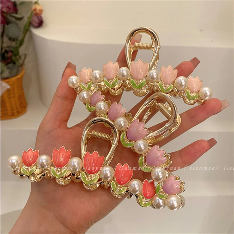 Large Retro Tulip Pearl Ponytail Hair Clip Metal Crab Claw Clip Women\'s Fashion Headdress Summer New Accessories