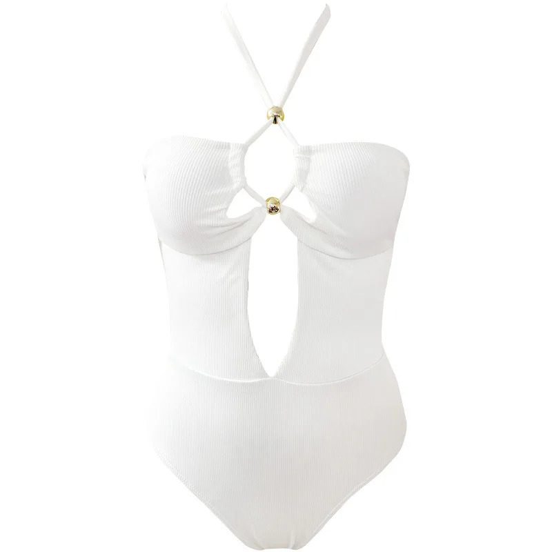 2025 Summer Sexy Solid Color One-Piece Swimsuit for Women Halter Tie-Back Design Slimming & Chest-Gathering Bathing Suit Clothes