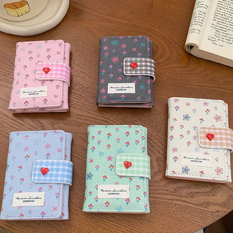 Cute Floral Print Short Wallet For Women Heart Button Plaid Buckle Foldable Purse Multi‑Card Slots Coin Pocket Canvas Small Wall