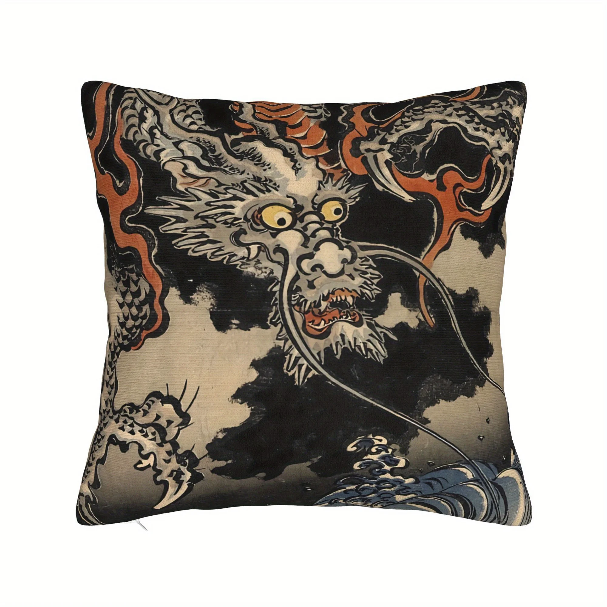 Utagawa Kuniyoshi Dragon Double Sided Cushion Cover, Japanese Sea Wave Graphic Pillowcase for Home Sofa Bedroom Decor, 1PC