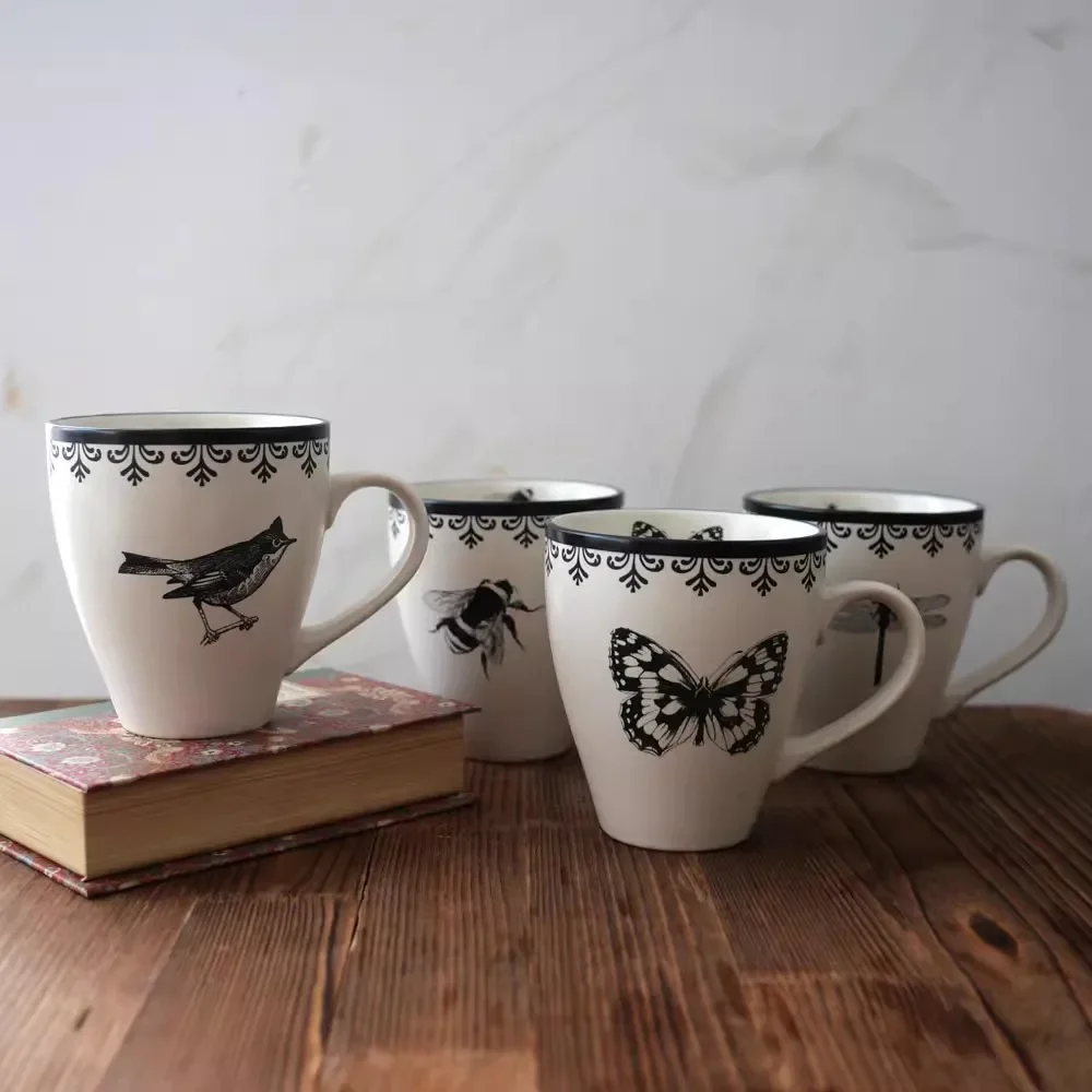 Ceramic black and white retro bee butterfly bird large mug/matte water cup coffee cup
