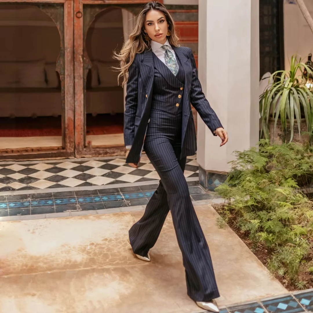 

Women Suit 3 Pieces Blazer Vest Pants Navy Blue Striped Double Button For Wedding Party Business Work Daily Commute Shopping