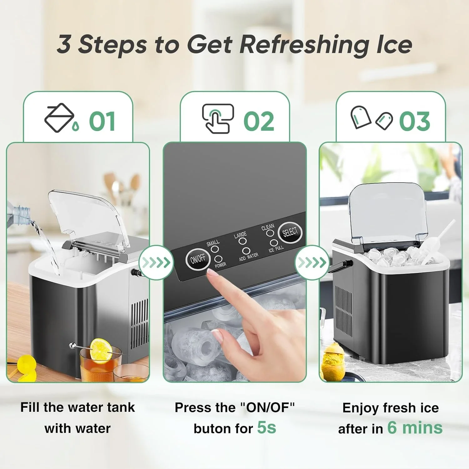 Efficient Countertop Nugget Ice Maker Machine, Produces 9 Ice Cubes in Just 6 Mins, Makes up to 26.5lbs of Ice in 24Hrs, Self-Cl