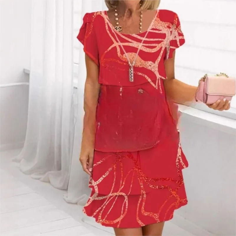 

Casual Fashion Spring Summer Chiffon Dress Printed Short-sleeved Round Neck Layered Ruffled Mini Skirts New Elegant Office Dress