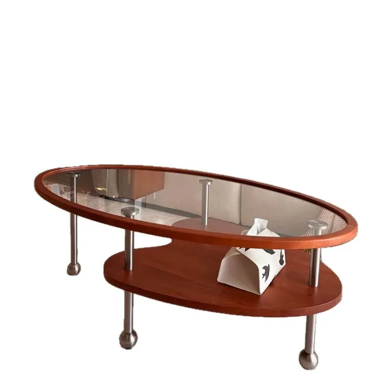 

Peach glass coffee table Oval hemming glass Stainless steel Living room Office Small apartment Large coffee table