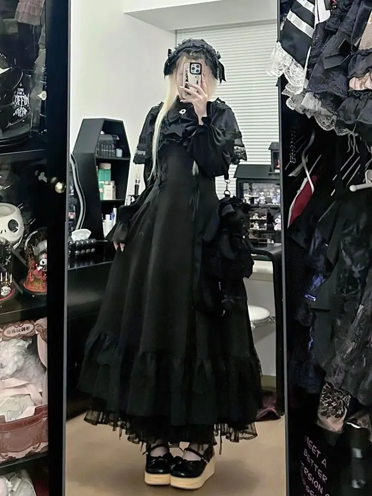 

Autumn Japanese Dark Gothic Lolita Two-piece Set Women's Design Bow Shawl + Long-sleeve Slim Dress Elegant Y2K Aesthetic Set