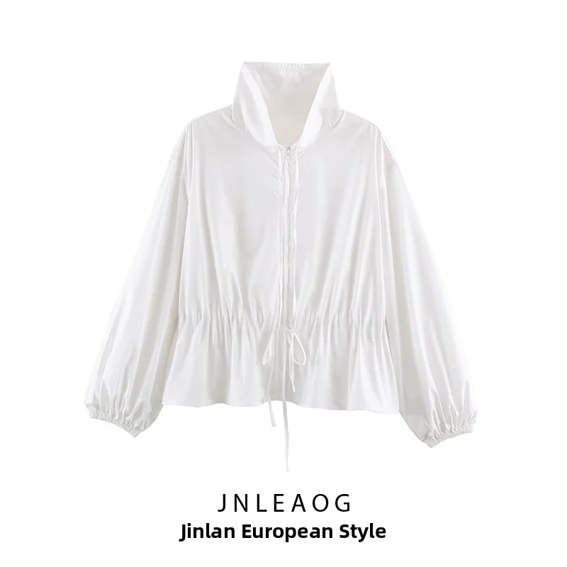 Fashionable Versatile JNLEAOG Women's Jacket Drawstring Stand Collar Autumn New Arrival Standard Fit Polyester Zipper Closure
