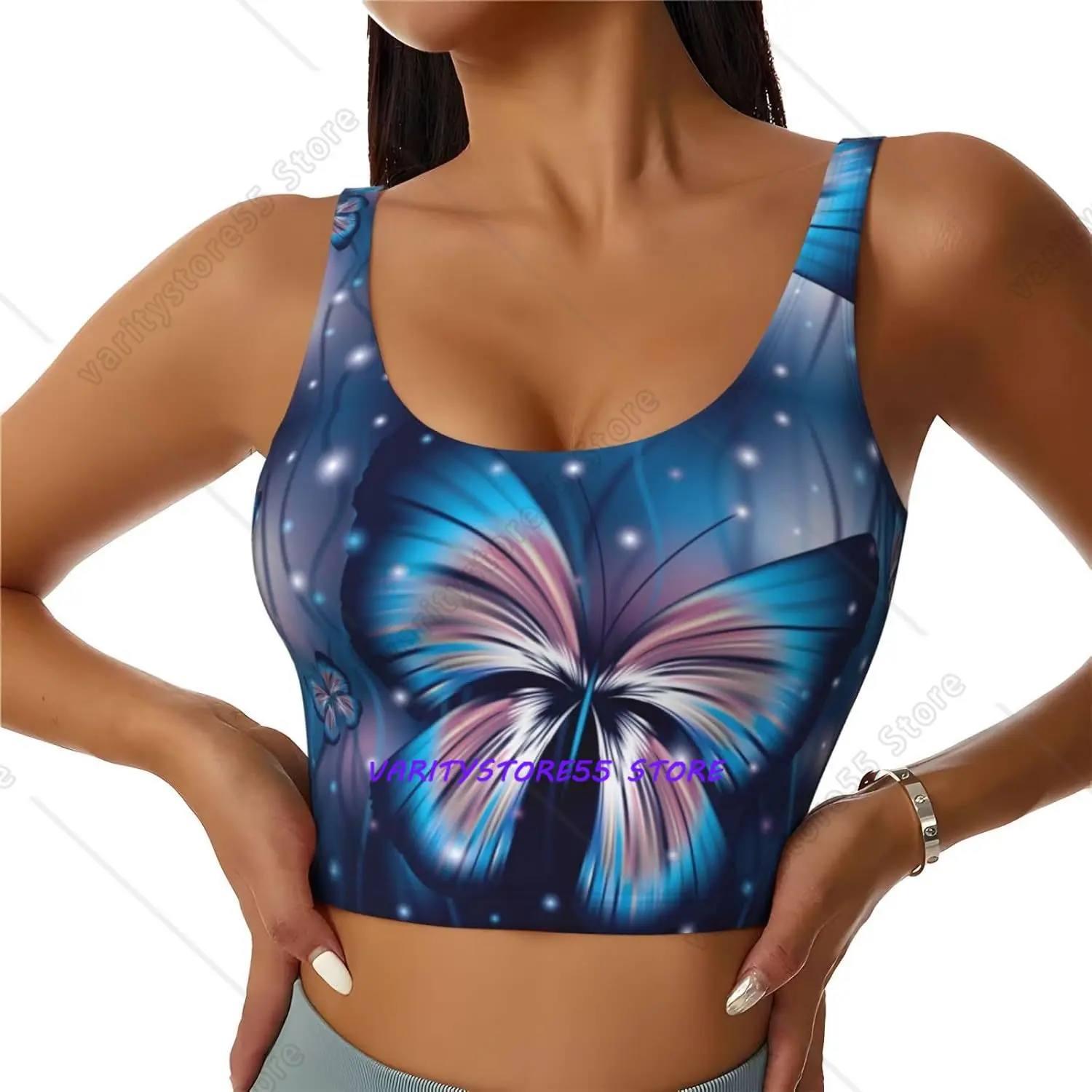 Butterfly Women's Sports Bra Yoga Crop Gym Tank Tops U Back Exercise Workout Top Removable Pads Fitness Outfit Sleeveless Shirt