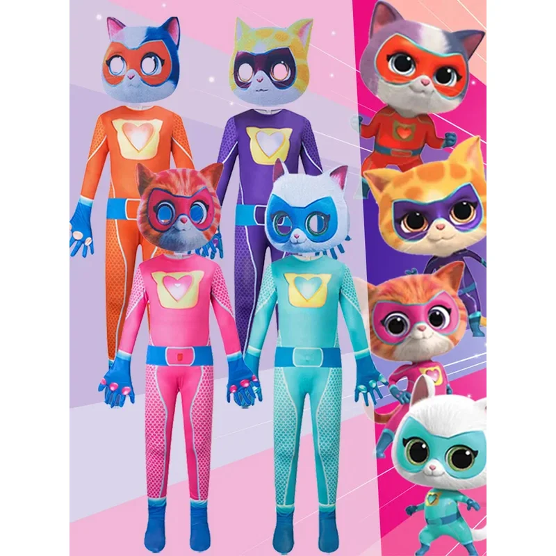 Disfraz de Super Kitties, mono ajustado, mono de súper gato, disfraz de Halloween para niños, disfraz de fiesta de cumpleaños de SuperKitties de Anime