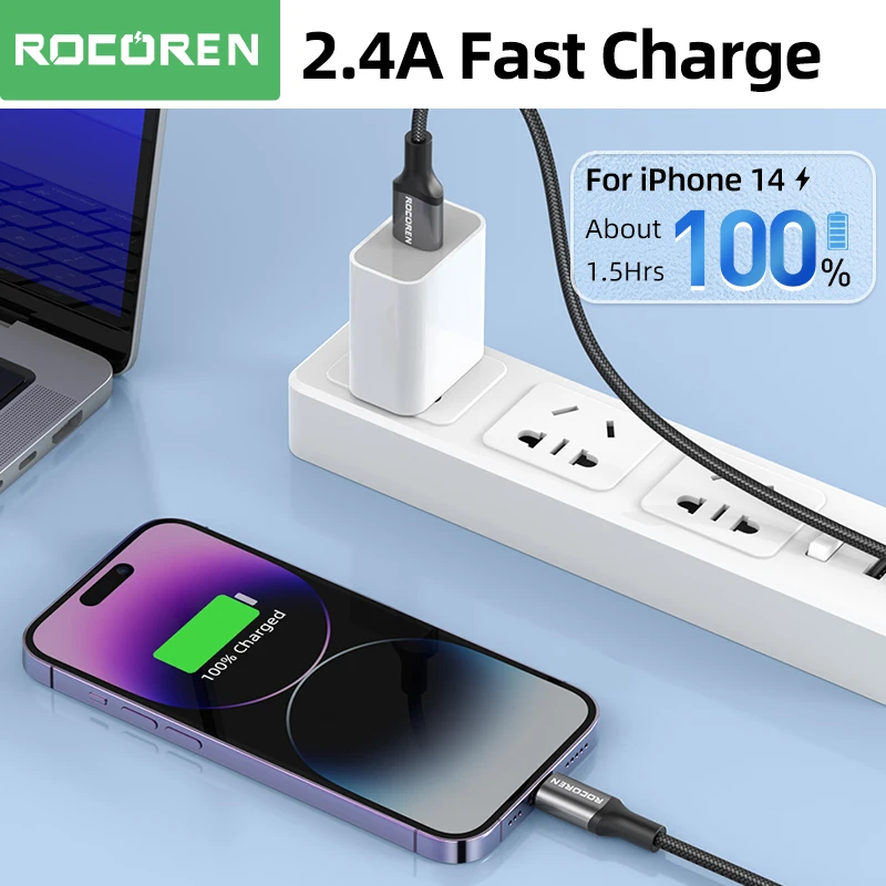 Rocoren USB Cable for iPhone 14 12 11 Pro Max Xs X 8 Plus Cable 2.4A Fast Charging Cable for iPhone Charger Cable USB Data Line