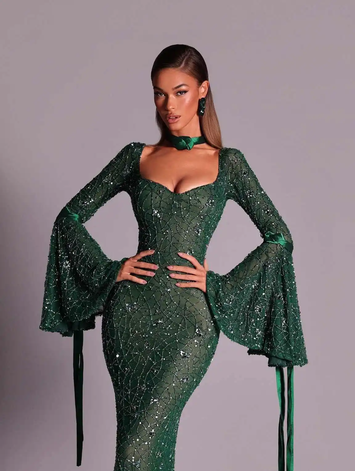 Elegant Mermaid Prom Gown Long Sleeve Evening Dress Satin 3D-Lace Party Prom Dress Sexy Bridal Gowns Robes De Mariée Customized