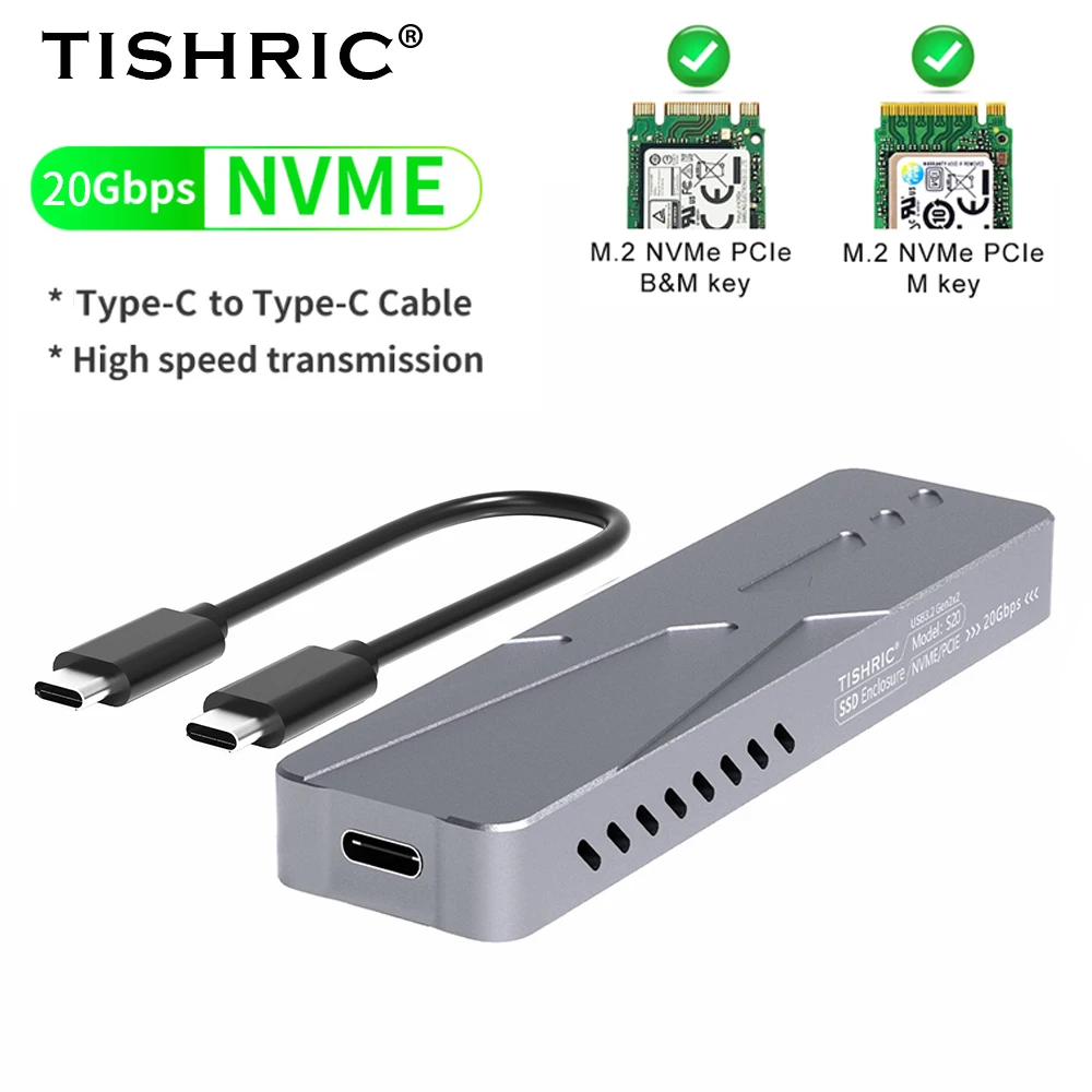 

TISHRIC 20Gbps Ultra-Fast M.2 NVMe SSD Enclosure | Type-C 3.2 Gen2x2 Interface Portable Solid-State Drive Enclosure