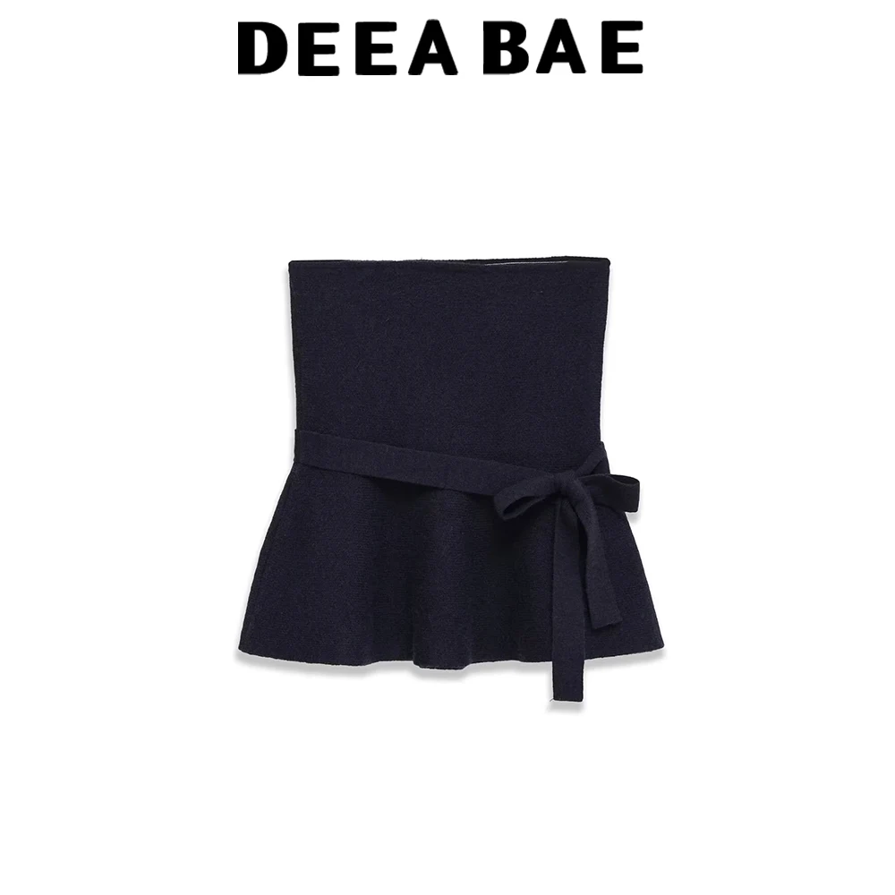 

DEEABAE European and American style 2025 winter new women's slim fit short skirt style hem knitted bow decoration top