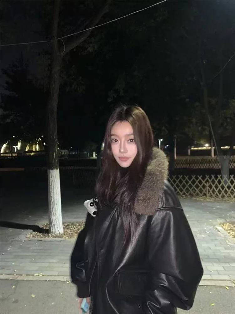 سترات نسائية كلاسيكية من جلد البولي يوريثان Y2K ملابس خروج أمريكية فضفاضة بياقة قطيفة معاطف Bf Harajuku ملابس خارجية دافئة جديدة