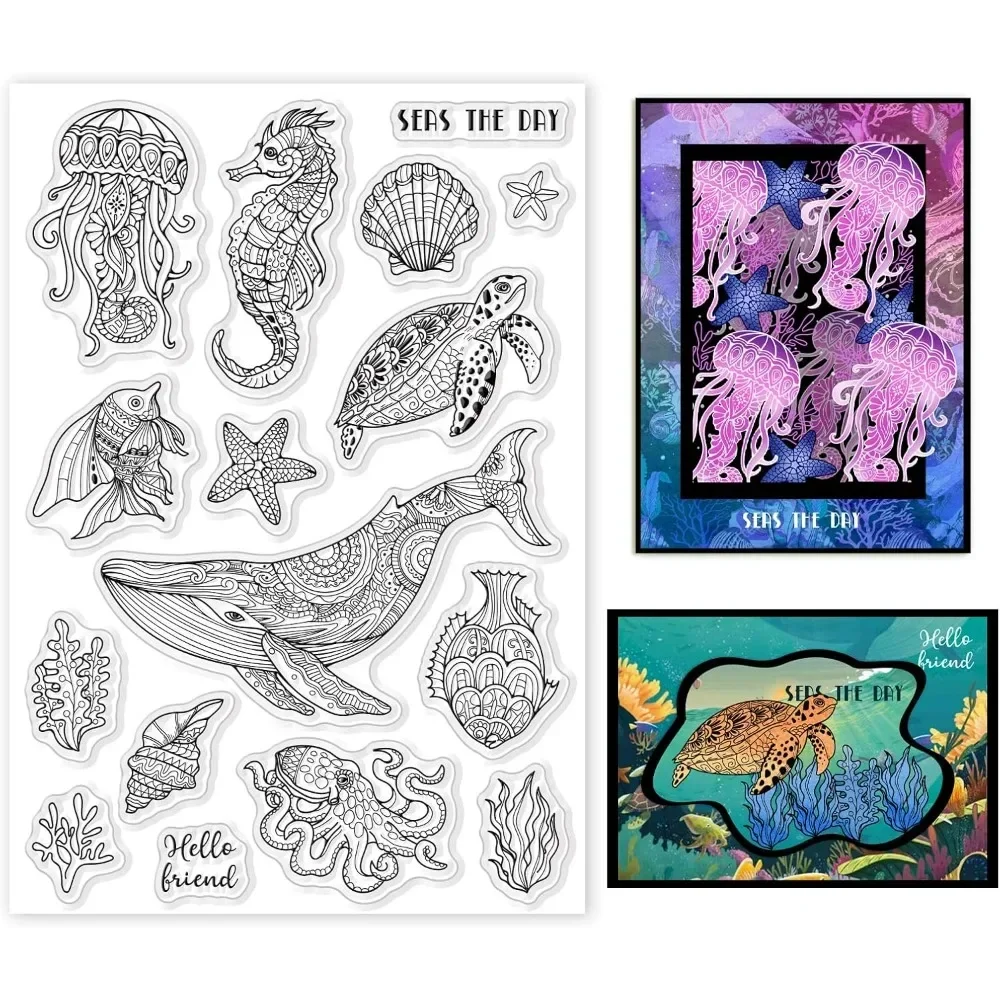 Ocean Life Clear Stamps Marine Whales Turtles Seahorses Squid Goldfish Silicone Clear Stamp Seals for Cards Making DIY