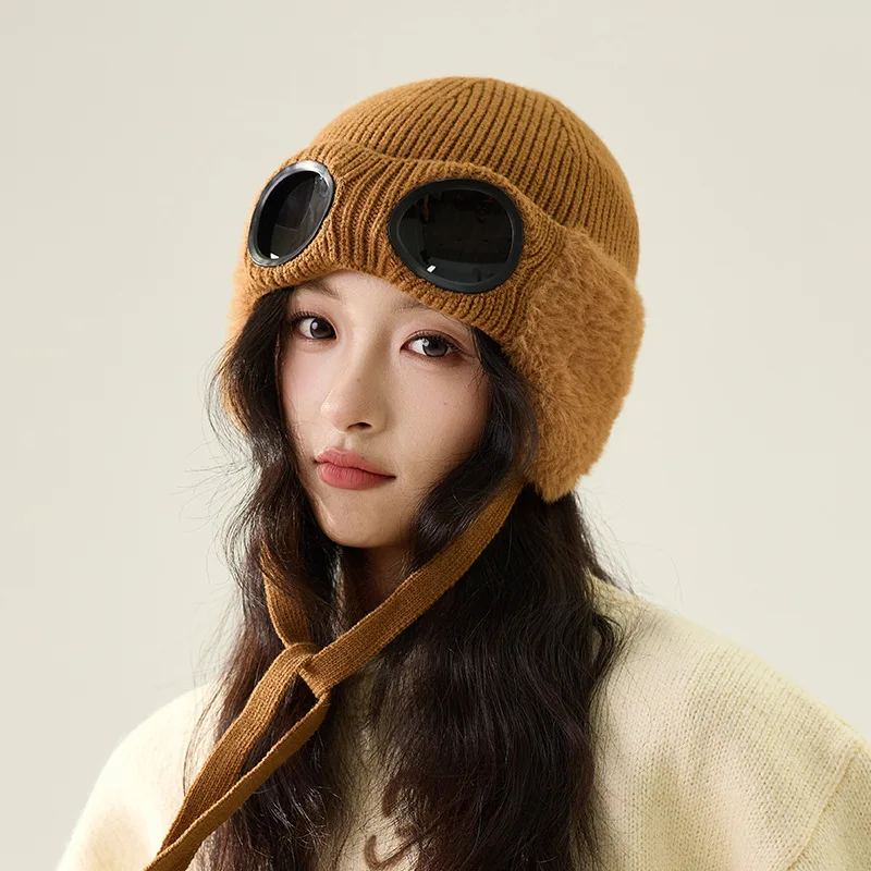Eye Protect Glasses Flying Hat men's women's Velvet Ear Protect Knit Hat Windproof  Warm Winter Tied Rope Woolen Hat 4m741