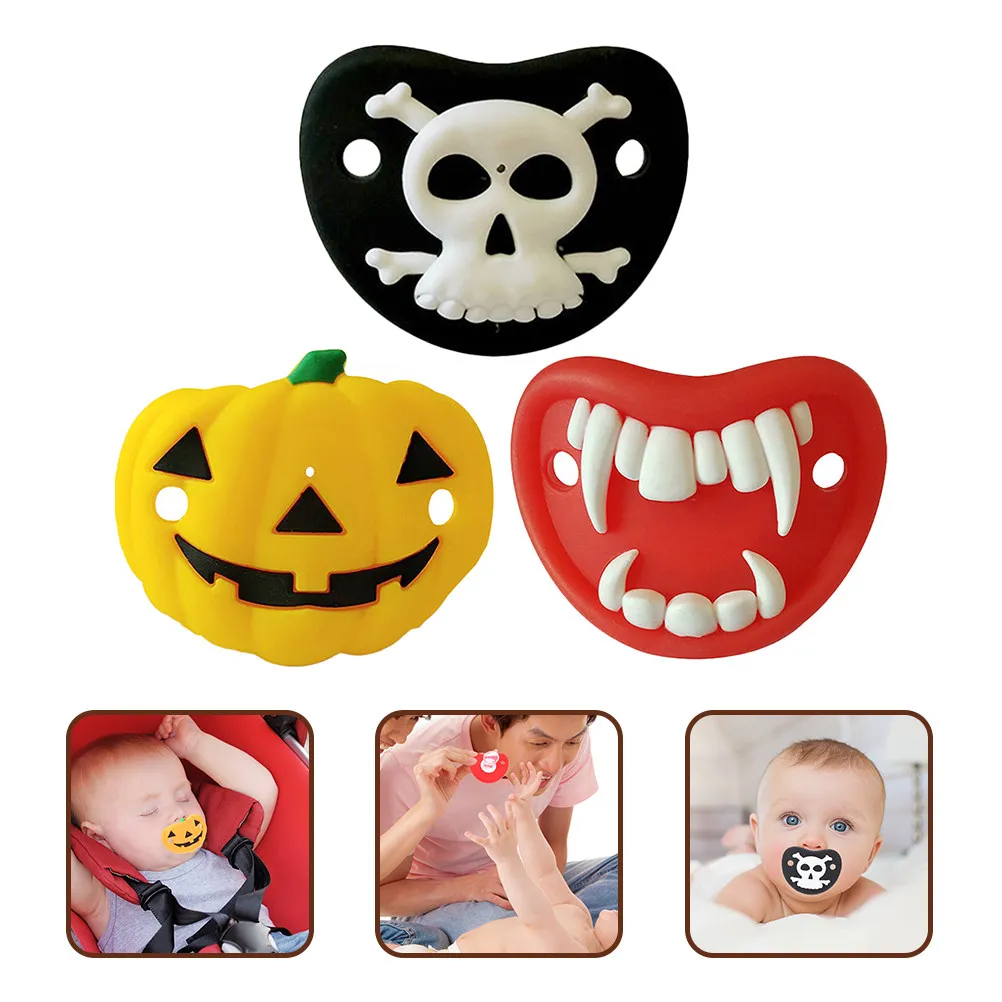 

3Pcs Halloween Pumpkin Skull Pacifier Portable Silicone Teether Baby Supplies Newborn Soother Baby Funny Pacifier