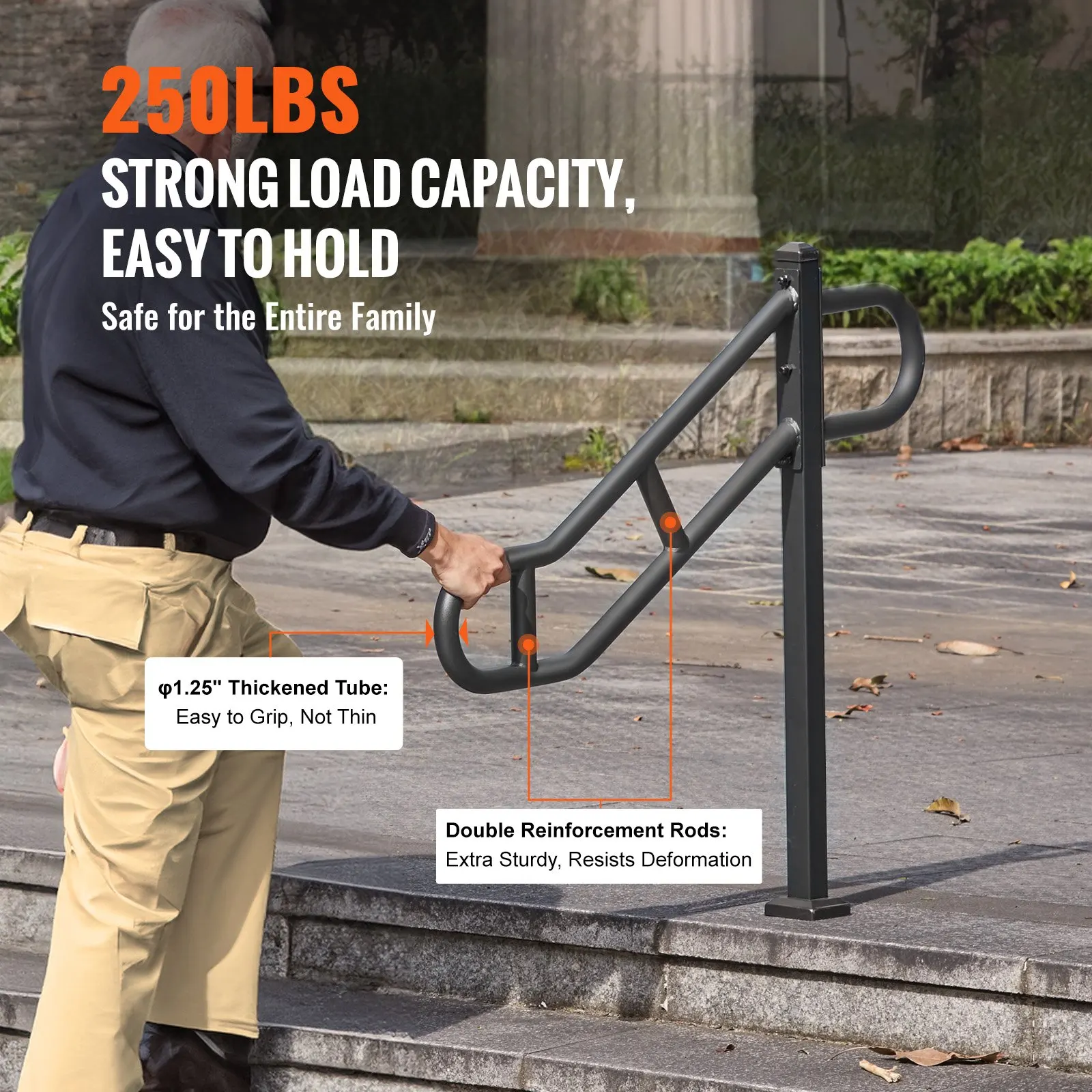 

Single Post Handrail For Outdoor 1-3 Steps, 40.5" L X 35.4" H Metal Bent Stair Handrails, Floor Mounted Carbon Steel Stair